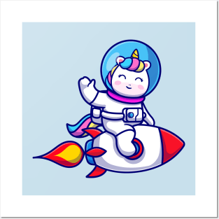 Cute Unicorn Astronaut Riding Rocket And Waving Hand  Cartoon Posters and Art